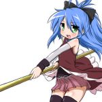  1girl alternate_hairstyle blue_hair blush bow cosplay green_eyes hair_bow izumi_konata long_hair looking_at_viewer lucky_star magical_girl mahou_shoujo_madoka_magica mizushima_(p201112) mole open_mouth polearm ponytail sakura_kyouko sakura_kyouko_(cosplay) simple_background skirt solo spear thighhighs weapon white_background 