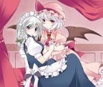  2girls apron bat_wings blue_eyes blush bow braid canopy_bed commentary_request hair_bow hammer_(sunset_beach) izayoi_sakuya looking_at_viewer maid maid_headdress multiple_girls red_eyes remilia_scarlet silver_hair touhou twin_braids waist_apron wings 