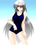  1girl bare_shoulders breasts engo_(aquawatery) gradient gradient_background hand_on_thigh large_breasts light_smile long_hair lyrical_nanoha mahou_shoujo_lyrical_nanoha mahou_shoujo_lyrical_nanoha_a&#039;s one-piece_swimsuit red_eyes reinforce silver_hair solo swimsuit very_long_hair 