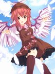  1girl animal_ears bow buttons clouds dress feathers hat mystia_lorelei pink_hair reunion(spa) short_hair sky smile touhou wings 