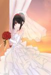  1girl black_hair blush bouquet breasts cleavage curtains date_a_live dress flower hair_over_one_eye highres jewelry necklace red_eyes red_rose rose short_hair sleeveless smile solo tokisaki_kurumi veil wedding_dress white_dress 