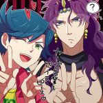  2boys blue_eyes blue_hair cars_(jojo) double_v earrings george_joestar_ii green_eyes jewelry jojo_no_kimyou_na_bouken long_hair lowres multiple_boys purple_hair sewenan translation_request v wink young 