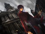  1boy artist_request black_hair building chain clock clock_tower clouds code_geass highres jacket lelouch_lamperouge short_hair sky source_request sword tagme tower tree violet_eyes wallpaper weapon 