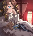  1girl bed blanket blonde_hair blue_eyes blush brown_hair character_request curtains doll dragon hair_ribbon long_hair ribbon solo sword_girls tears waking_up window wings wink wooni yellow_eyes 