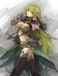  1girl black_legwear breasts buckle dress elsword expressionless green_eyes green_hair grey_background large_breasts long_hair midriff nameco navel rena_(elsword) skindentation solo thighhighs 