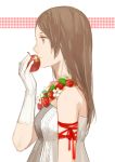  1girl apple arm_ribbon brown_eyes brown_hair bust cotta flower food food_as_clothes fruit gloves leaf long_hair original profile solo strawberry white_gloves 