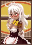  1girl akahige breasts brown_eyes cleavage dark_skin glasses highres long_hair maid original solo white_hair yukijirushi yukiko-tan 