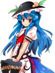  1girl alphes_(style) blue_hair food fruit hat long_hair parody peach red_eyes shuizao_(little_child) solo style_parody touhou 