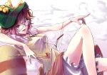  1girl absurdres bell bloomers breasts brown_hair futatsuiwa_mamizou glasses hat highres open_mouth pipe pointing pointing_forward raccoon_tail shirt short_sleeves skirt solo tail tanegoma touhou underwear violet_eyes 