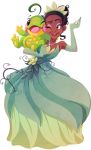  1girl bare_shoulders brown_eyes brown_hair cheek-to-cheek crossover dark_skin disney dress earrings elbow_gloves flower gloves highres jewelry kuitsuku necklace pokemon pokemon_(creature) politoed simple_background the_princess_and_the_frog tiana tiara transparent_background wink 