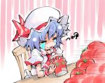  1girl ascot blue_hair chair closed_eyes crying dress drinking hat hat_ribbon puffy_sleeves remilia_scarlet ribbon shinapuu short_sleeves sitting solo streaming_tears table tears tomato tomato_juice touhou white_dress wrist_cuffs 