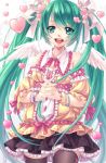  1girl bracelet green_eyes green_hair hair_ribbon hands_clasped hatsune_miku heart jewelry long_hair maple open_mouth ribbon skirt solo thigh-highs twintails very_long_hair vocaloid white_background wings 