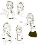  1girl character_sheet expressions highres kawashina_(momen_silicon) monochrome open_mouth shameimaru_aya simple_background skirt smile solo touhou white_background wings 