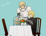  2boys armor blonde_hair eating fate/extra fate_(series) gawain_(fate/extra) gloves leonard_bistario_harway multiple_boys nano_(veek) school_uniform tea 