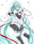  1girl closed_eyes detached_sleeves green_hair hatsune_miku long_hair microphone microphone_stand necktie skirt solo tears thigh-highs twintails very_long_hair vocaloid 