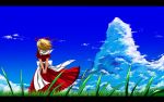  1girl arms_behind_back back blonde_hair blue_sky clouds dress grass hair_ribbon highres interlocked_fingers letterboxed medicine_melancholy nekominase puffy_sleeves red_dress ribbon sash short_sleeves sky solo touhou wind 