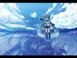 1girl aqua_hair boots closed_eyes clouds detached_sleeves hatsune_miku knee_boots letterboxed long_hair reflection sailor_collar skirt sky solo twintails very_long_hair vocaloid yuyupiko01 