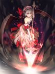 1girl bare_shoulders bat_wings blue_hair bow culter dress elbow_gloves gloves hat highres jewelry necklace open_mouth red_eyes remilia_scarlet short_hair solo spear_the_gungnir touhou wings 