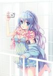  1girl blue_eyes blue_hair braid breasts cleavage dress highres juke railing smartphone tagme tile_wall tiles 