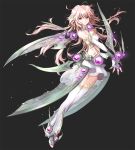  1girl armor bare_shoulders breasts character_request cleavage copyright_request elbow_gloves fingerless_gloves gloves long_hair midriff navel outstretched_arm pink_hair red_eyes skirt solo thigh-highs wings wooni 