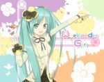  1girl butterfly green_eyes green_hair hatsune_miku long_hair open_mouth outstretched_arm reiya solo title_drop twintails vocaloid weekender_girl_(vocaloid) 