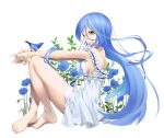  1girl barefoot bird blue_hair dress feet flower highres legs long_hair masami05071541 original sitting solo toes yellow_eyes 
