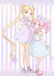  2girls bishoujo_senshi_sailor_moon blonde_hair blue_eyes bow chibi_usa crescent_moon double_bun food hair_bow hair_ornament heart ice_cream ice_cream_cone long_hair moon multiple_girls neki_(wakiko) pantyhose pink_eyes pink_hair sailor_dress star tsukino_usagi twintails very_long_hair white_legwear 