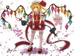  1girl blonde_hair blush flandre_scarlet frilled_skirt garter_straps hat high_heels lace lace-trimmed_thighhighs laevatein long_hair looking_at_viewer mary_janes panzer pointy_ears red_eyes shoes side_ponytail solo thigh-highs touhou wings 