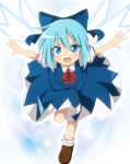  1girl blue_eyes blue_hair bobby_socks bow cirno do_(4-rt) dress gradient gradient_background hair_bow highres leg_up light_trail looking_at_viewer open_mouth outstretched_arms puffy_short_sleeves puffy_sleeves ribbon short_sleeves socks solo spread_arms touhou wings 