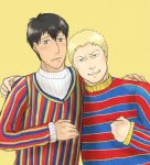  2boys bert bertholt_fubar black_hair blonde_hair casual drawfag ernie green_eyes grin looking_at_viewer multiple_boys reiner_braun sesame_street shingeki_no_kyojin short_hair simple_background smile sweater yellow_background yellow_eyes 