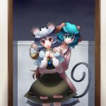  2girls absurdres animal_ears basket blush capelet dress eating green_eyes green_hair grey_hair hand_on_another&#039;s_shoulder hands_together highres jewelry kasodani_kyouko mouse mouse_ears mouse_tail multiple_girls nazrin open_mouth pendant raionsan red_eyes short_hair skirt smile tail touhou 