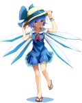 1girl blue_eyes blue_hair bow cirno dress hair_bow hat hat_ribbon ice ice_wings puffy_sleeves ribbon sandals short_hair smile solo sun_hat tadano_omake touhou wings 