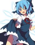  1girl blue_dress blue_eyes blue_hair blush bow cirno dress dress_lift fang hair_bow ice ice_wings oniku-chan open_mouth puffy_sleeves shirt short_hair short_sleeves simple_background smile solo touhou white_background wings 
