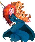  1girl arrow belt blue_eyes bow_(weapon) brave_(pixar) cape carrying crossover curly_hair freckles kuitsuku long_hair merida_(brave) open_mouth pixar pokemon pokemon_(creature) redhead simple_background teddiursa teeth transparent_background weapon 
