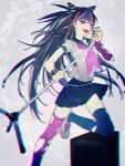  1girl amplifier arm_warmers dangan_ronpa ear_piercing io_(sinking=carousel) long_hair microphone microphone_stand mioda_ibuki mismatched_legwear multicolored_hair open_mouth piercing pink_eyes school_uniform serafuku smile super_dangan_ronpa_2 thigh-highs torn_thighhighs 