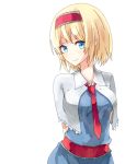  1girl alice_margatroid arms_behind_back blonde_hair blue_dress blue_eyes bust cape dress hairband looking_at_viewer necktie shirofox short_hair smile solo touhou 