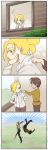  4koma annie_leonhardt blonde_hair blue_eyes brown_hair chibi comic eren_jaeger fighting highres long_image parody shingeki_no_kyojin tall_image zuttokodomo 