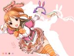  1girl abe_nana animal_ears belt bow carrot fake_animal_ears idolmaster idolmaster_cinderella_girls instrument long_sleeves open_mouth orange_hair pink_eyes ponytail puffy_sleeves rabbit_ears short_hair sinsihukunokonaka solo tagme v 