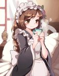  1girl apron bed blush braid brown_eyes brown_hair character_request cup curtains japanese_clothes kimono leaf long_hair maid maid_headdress pillow smile solo sword_girls teacup window wooni 