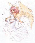  1girl bracelet dress feathers green_eyes harpy_(puyopuyo) jewelry madou_monogatari mugetsu_(arado234) navel petals pink_hair puyopuyo short_hair smile solo white_background white_dress wings 