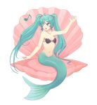 1girl ahoge green_eyes green_hair hatsune_miku highres long_hair mermaid monster_girl musical_note navel okiara open_mouth shell shell_bikini simple_background solo twintails very_long_hair vocaloid white_background wink 