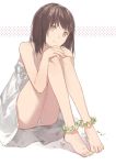  1girl brown_eyes brown_hair cotta dress feet leg_hug original smile solo white_dress wreath 