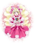  1girl adapted_costume blonde_hair bow choker corset cure_peach dress earrings flower fresh_precure! frills hair_ornament hair_ribbon hairpin heart jewelry lipstick long_hair magical_girl makeup momozono_love nashe_taneru peach_rod precure puffy_sleeves red_eyes ribbon skirt solo twintails wand 