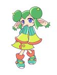  1girl blue_eyes blush_stickers double_bun green_hair horns official_style pippikumin pointy_ears puyopuyo puyopuyo_fever rider_(puyopuyo) shoes short_hair skirt sleeves_past_wrists solo white_background 