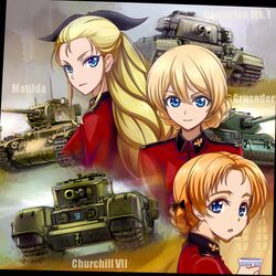  assam blonde_hair blue_eyes churchill_(tank) cup darjeeling girls_und_panzer hair_ribbon kyata long_hair matilda_ii military military_vehicle multiple_girls orange_pekoe ribbon school_uniform short_hair uniform vehicle 