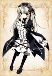  boots chin_rest doll_joints dress flower frills gothic_lolita hairband knee_boots lolita_fashion lolita_hairband long_hair moru red_eyes rose rozen_maiden silver_hair suigintou 