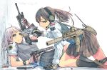 blue_eyes braid brown_hair daito dual_wielding flag gloves gun headset looking_at_another lying on_back open_mouth original ponytail pouch shell_casing silver_hair skirt twin_braids usa vest weapon 