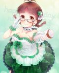  1girl 81_(mellowry) akizuki_ritsuko antenna_hair blush braid breasts brown_hair cleavage collarbone flower frills glasses gloves green_rose happy_birthday idolmaster rose short_hair sleeveless smile solo twin_braids yellow_eyes 