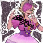  1girl blonde_hair bow bracelet bubble_skirt corset eyelashes fang green_eyes hair_bow hair_over_one_eye hairband jewelry lollipop_chainsaw lupa_mannara multicolored_hair necklace open_mouth pink_hair rosalind_starling short_hair smile solo two-tone_hair v 