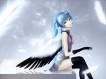  1girl blue_eyes blue_hair crossed_legs elbow_gloves feathers gloves hatsune_miku highres long_hair oki_(koi0koi) sitting solo thigh-highs twintails vocaloid wings 